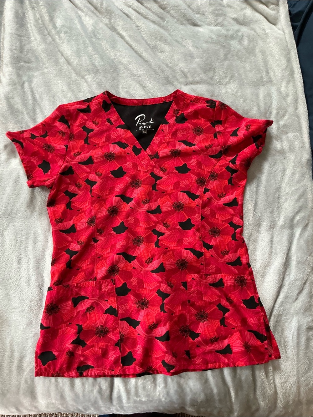 Red Floral V-Neck Medical Scrub Top